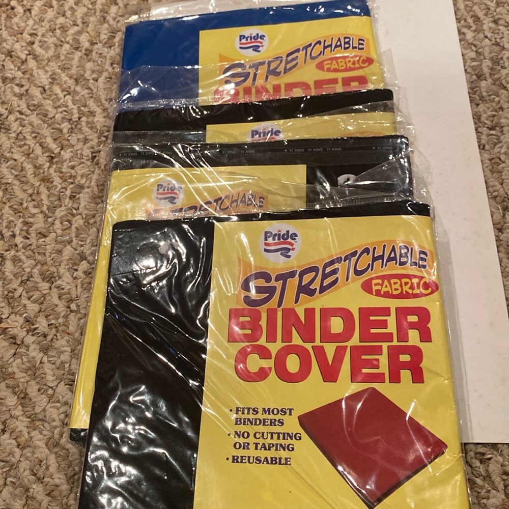 NWOT 4 Sealed Packages 3 Black & 1 Blue Stretchable Fabric Binder Covers